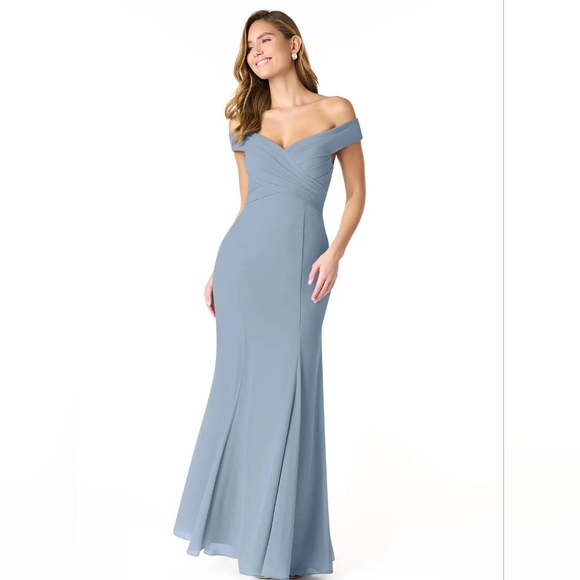 Azazie Lecia Dusty Blue Empire Off-the-Shoulder Pleated Chiffon Dress - Picture 1 of 9